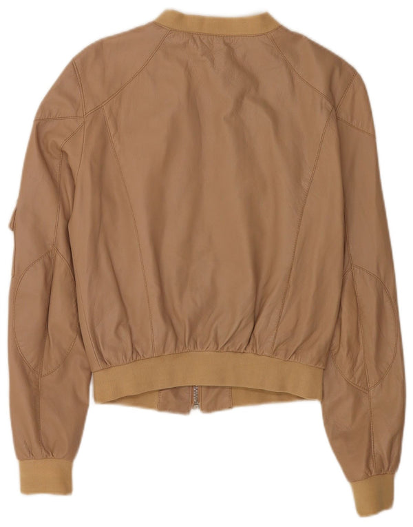 Forpen Womens Crop Leather Bomber Jacket UK 10 Small Beige