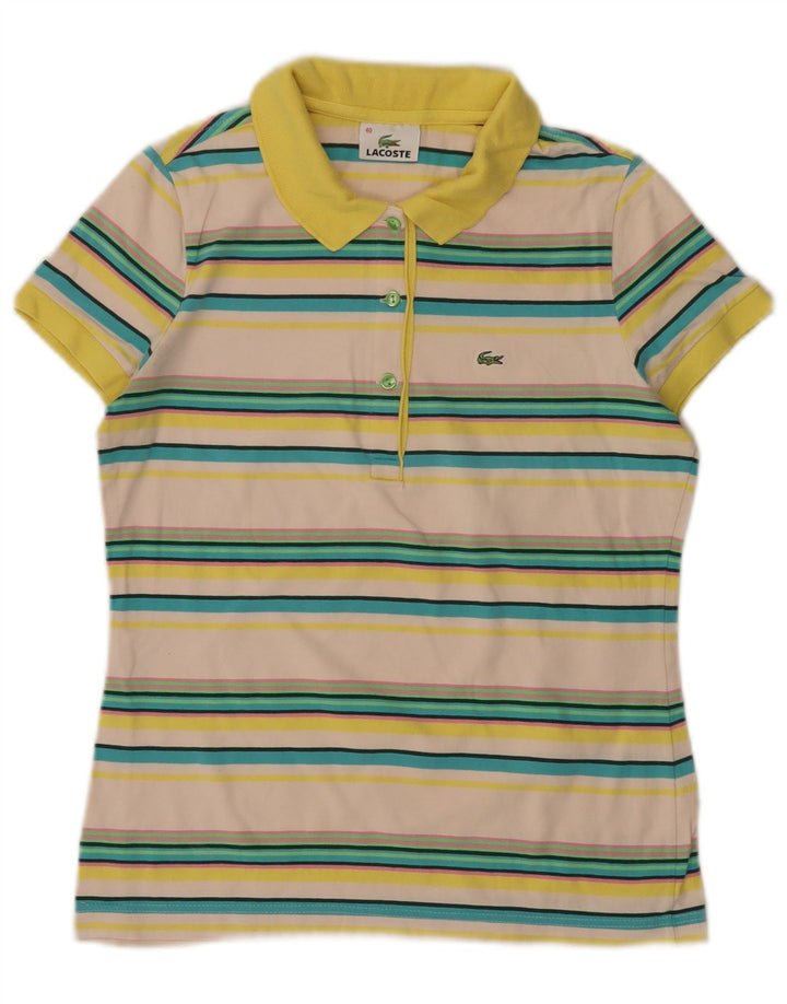 Camisa polo feminina LACOSTE tamanho 40 médio algodão listrado branco