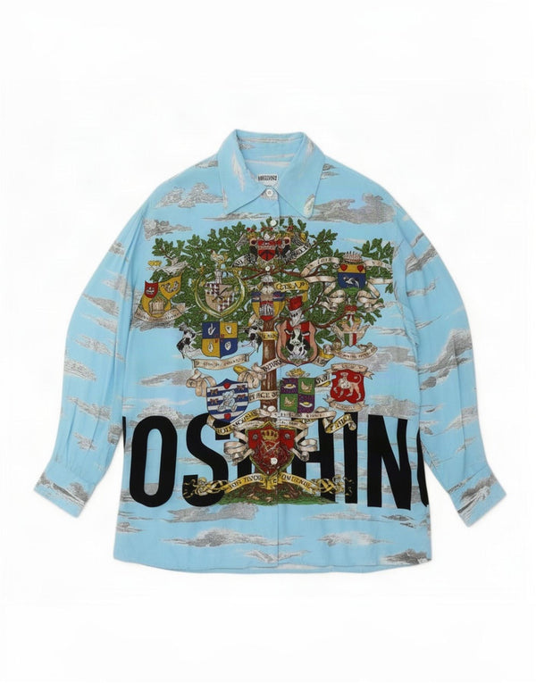 Camiseta feminina Moschino com estampa grande, Reino Unido 10, pequena, azul, viscose, designer