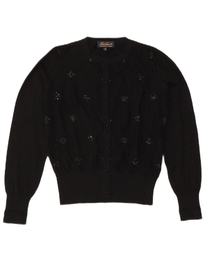 Suéter cardigã feminino Luisa Spagnoli Reino Unido 14 lã geométrica preta média