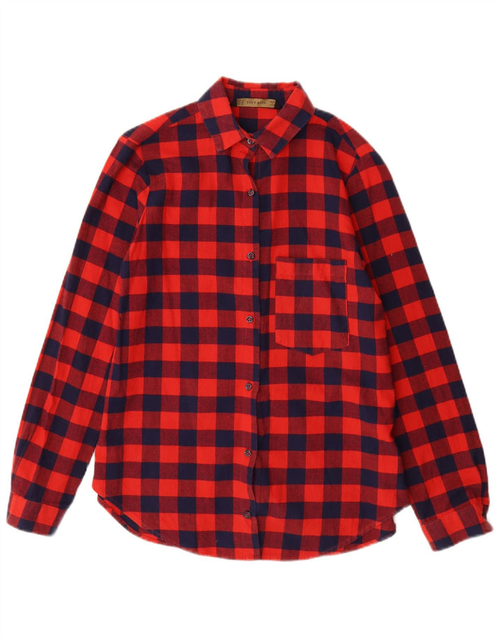 Camisa feminina de flanela grande ZARA Reino Unido 6 XS algodão xadrez vermelho