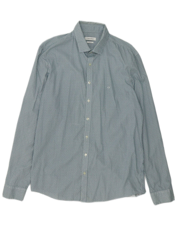 Camisa masculina Calvin Klein Slim Fit tamanho 42 16 1/2 grande algodão manchado azul