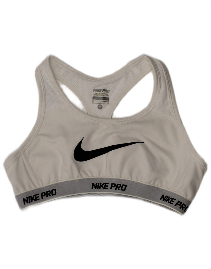 Sutiã esportivo Nike feminino Dri Fit gráfico top médio branco poliéster esportivo