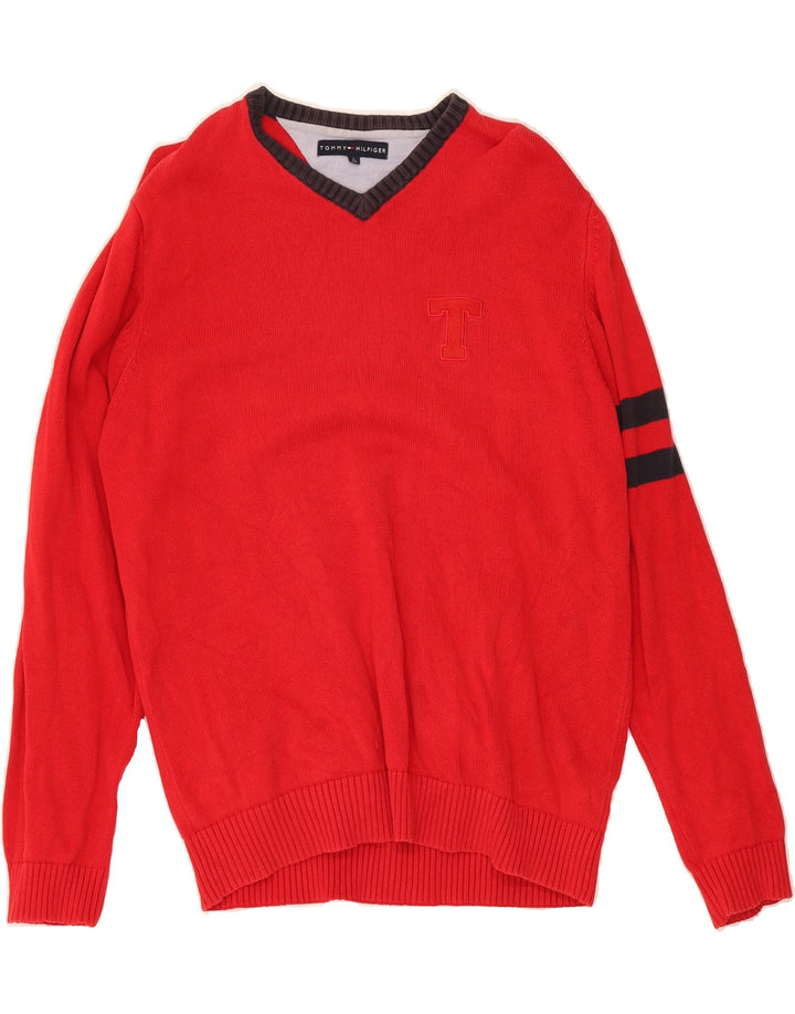 TOMMY HILFIGER Mens V-Neck Jumper Sweater Large Red Cotton Vintage Tommy Hilfiger and Second-Hand Tommy Hilfiger from Messina Hembry 
