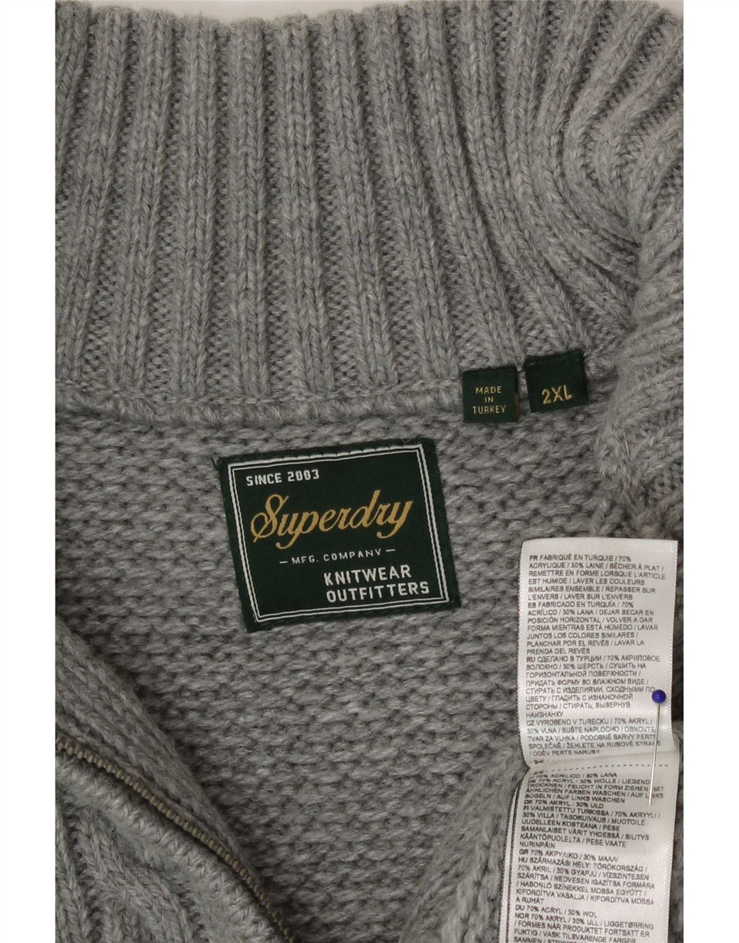 Suéter masculino Superdry com zíper e gola 2XL cinza acrílico