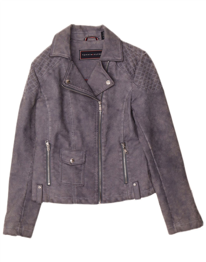 Jaqueta feminina de couro sintético Tommy Hilfiger para motociclista Reino Unido 10 pequena cinza
