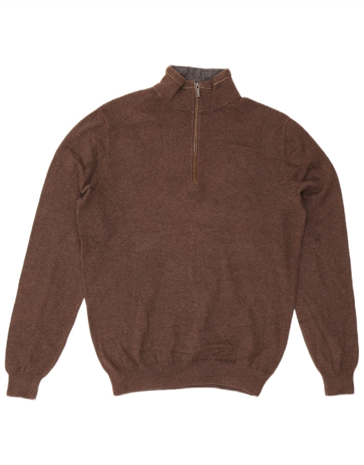 Suéter masculino Massimo Dutti com zíper e gola pequena de algodão marrom