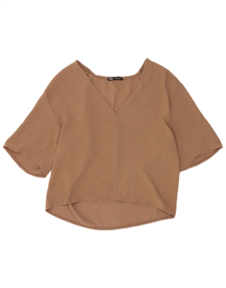 Blusa feminina Zara manga 1/2 top Reino Unido 10 pequeno marrom
