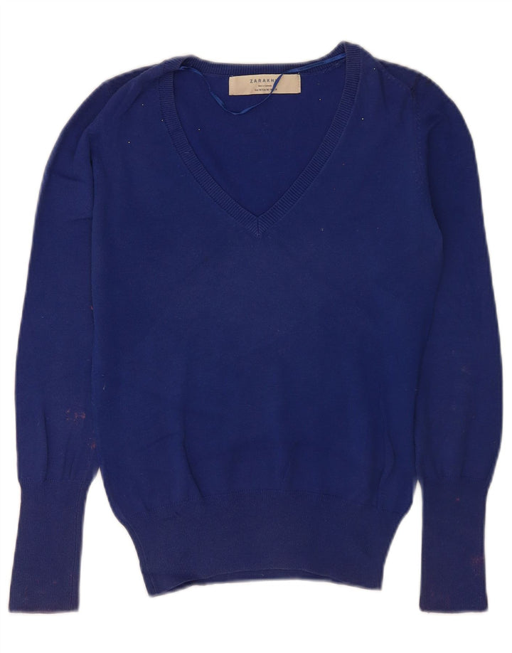 Suéter feminino Zara com decote em V Reino Unido 12 algodão azul médio