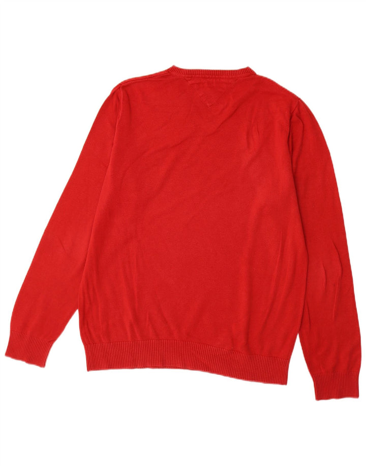 Suéter masculino TOMMY HILFIGER com decote em V de algodão vermelho médio