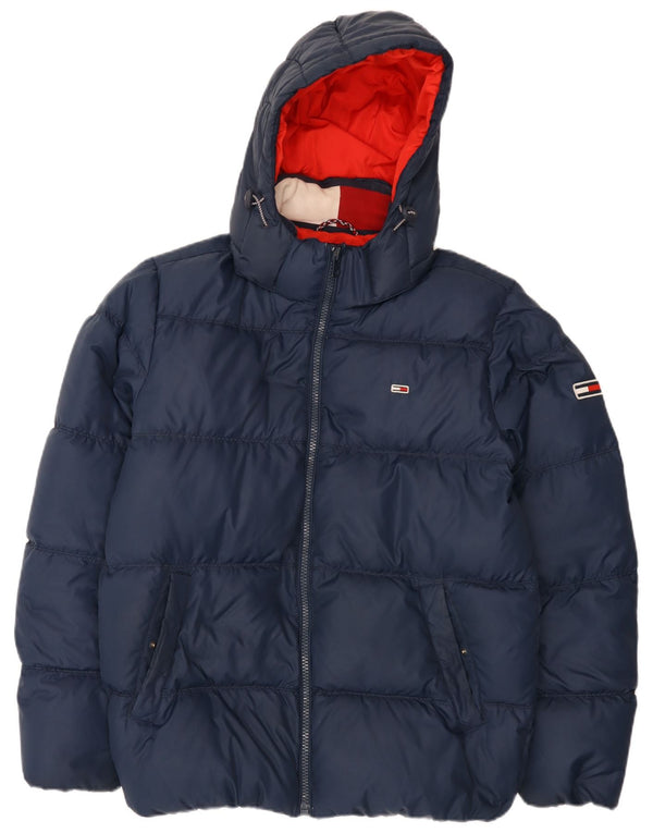 Jaqueta masculina acolchoada com capuz Tommy Hilfiger Reino Unido 42 XL azul marinho poliéster