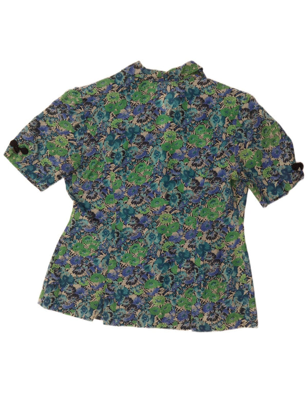 Blusa feminina vintage de manga curta UK 14 grande acetato floral verde