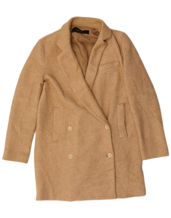 Zara Casaco feminino oversized com peito duplo Reino Unido 10 pequeno poliéster bege