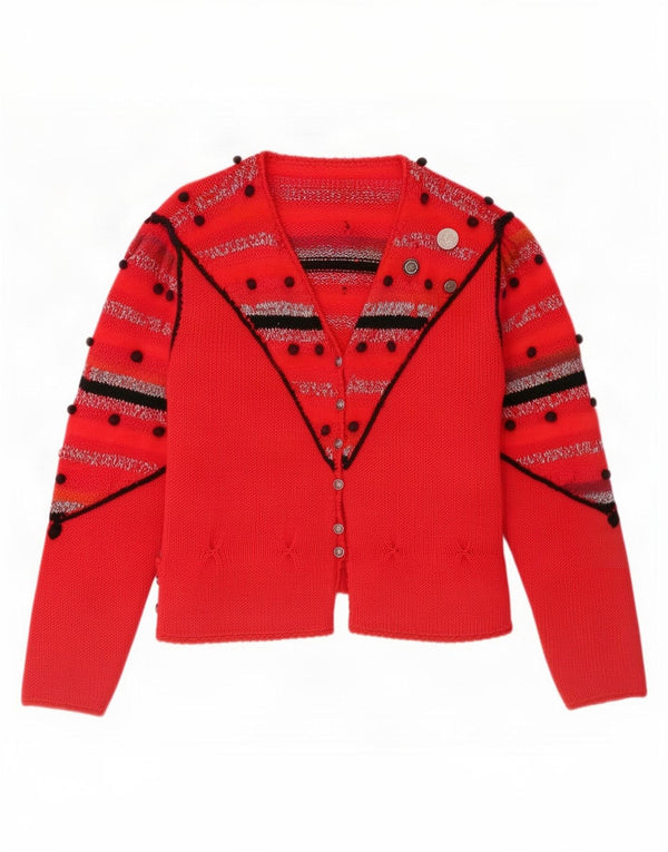 Suéter cardigã feminino vintage Reino Unido 10 listrado vermelho pequeno