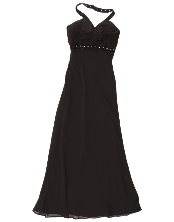 Vestido feminino vintage maxi halter UK 8 pequeno poliéster preto