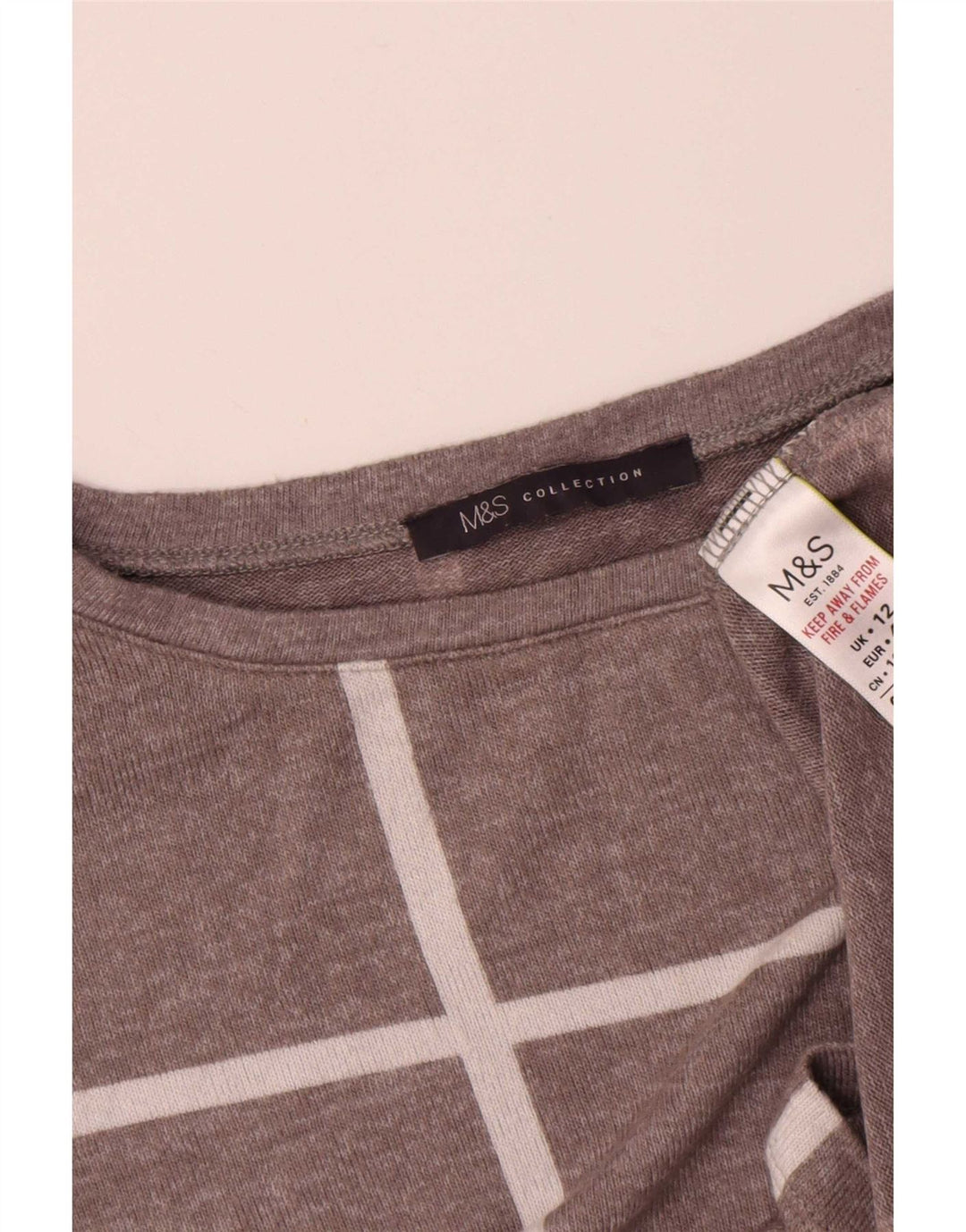 Top feminino Marks & Spencer de manga comprida UK 12 viscose xadrez cinza médio