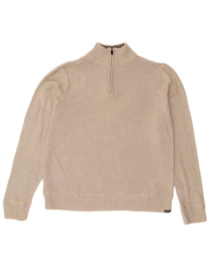 Suéter masculino Eddie Bauer com zíper e gola grande de algodão bege