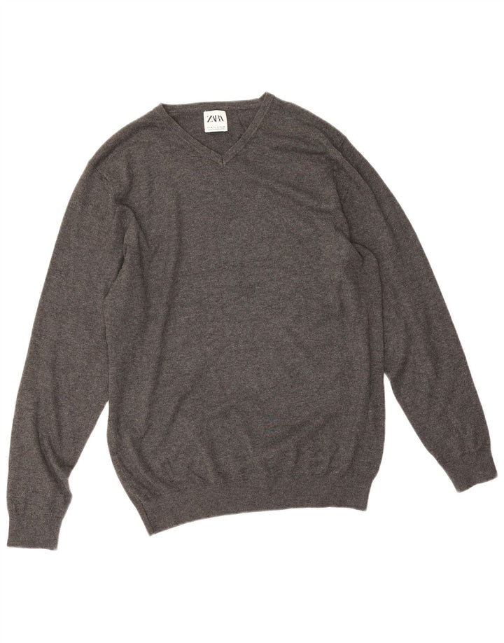 Zara Suéter masculino com decote em V, viscose cinza médio