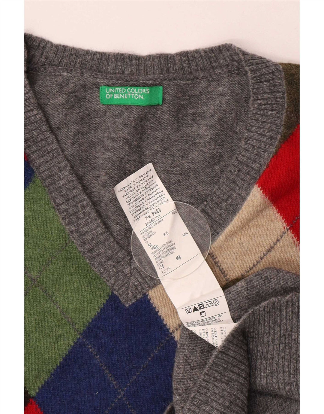 Suéter masculino Benetton com decote em V cinza médio Argyle/lã diamante