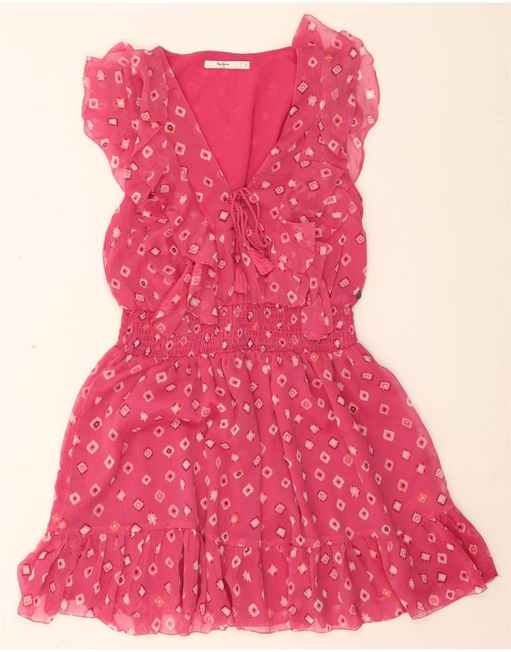 PEPE Jeans Vestido Império Feminino UK 10 Poliéster Geométrico Rosa Pequeno