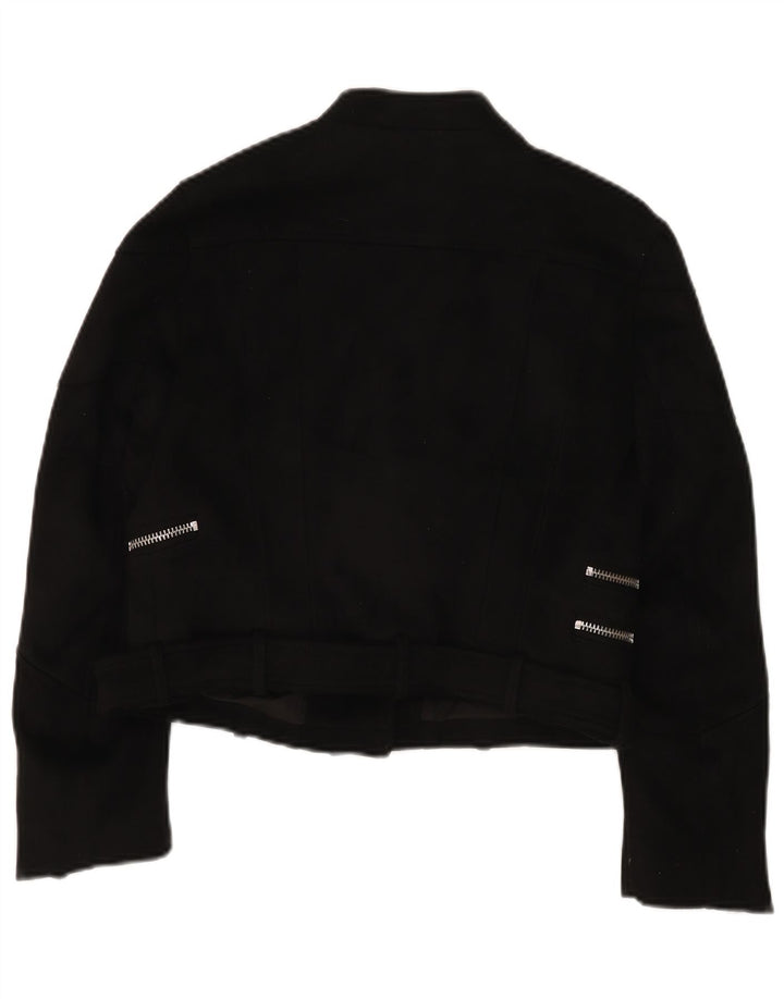 Zara Womens Trafaluc Crop Biker Jacket UK 12 Médio Preto Poliéster