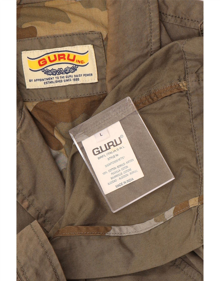 Jaqueta militar gráfica masculina Guru UK 40 grande algodão marrom