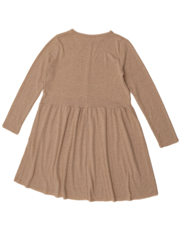 Vestido feminino Zara manga comprida evasê Reino Unido 12 poliéster bege médio salpicado