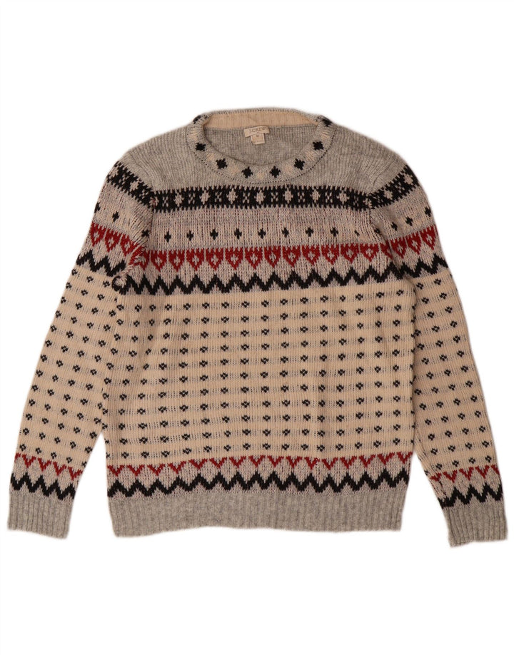 J. CREW Suéter feminino com gola redonda UK 12 cinza médio Fair Isle