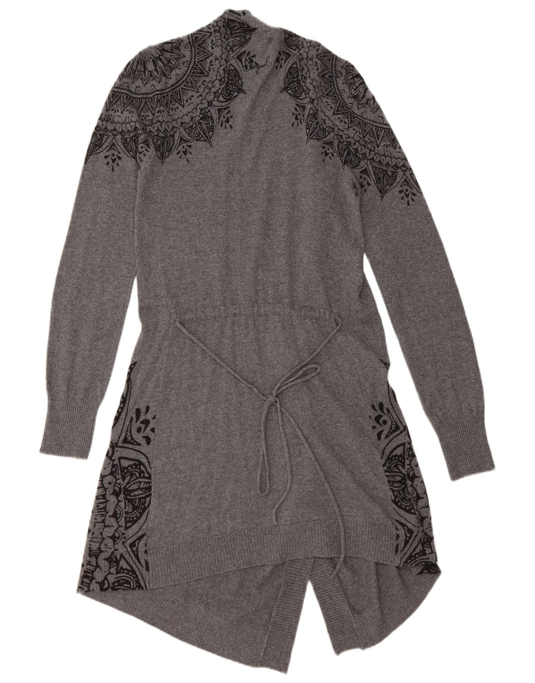 DESIGUAL Suéter cardigã feminino com palangre aberto Reino Unido 12 cinza médio floral