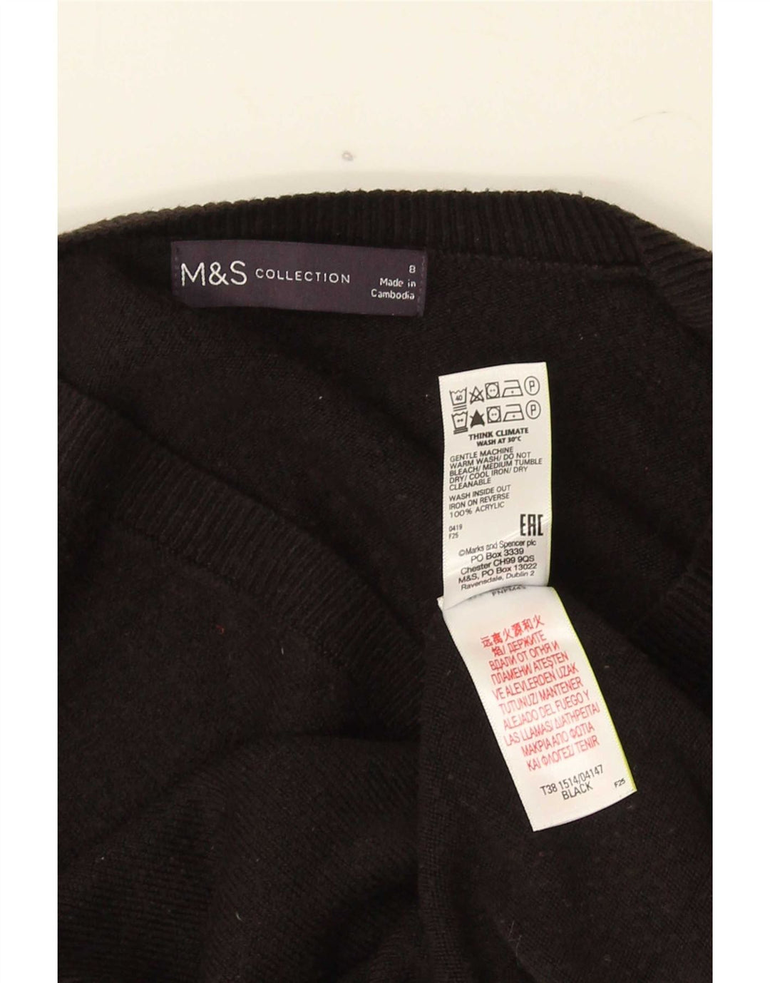 Suéter feminino Marks & Spencer com decote em V Reino Unido 8 pequeno acrílico preto