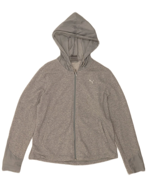 Suéter feminino Puma com capuz e zíper gráfico UK 16 grande cinza manchado