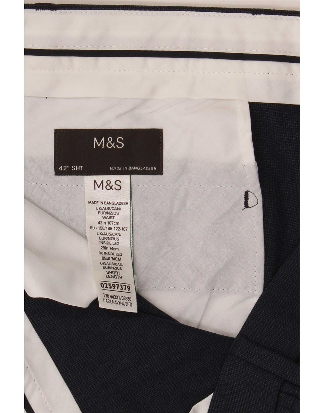 Calça chino masculina Marks & Spencer W42 L29 poliéster azul marinho