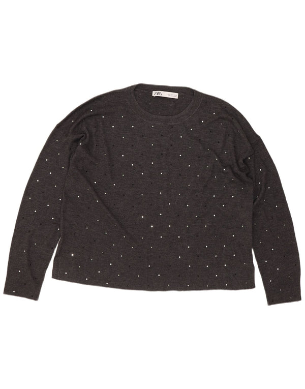 Suéter feminino Zara com gola redonda e gola redonda, Reino Unido 10 pequeno cinza manchado