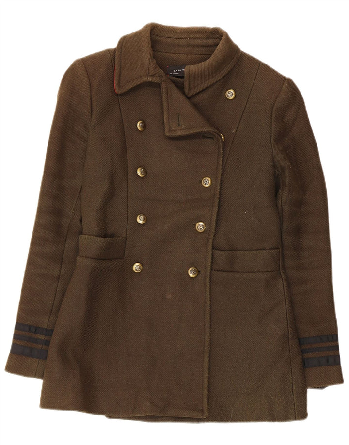 Zara Womens Pea Coat UK 10 Lã Cáqui Pequena
