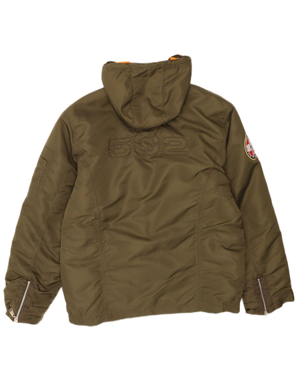 Jaqueta acolchoada com capuz gráfico masculino vintage UK 44 2XL Khaki Nylon