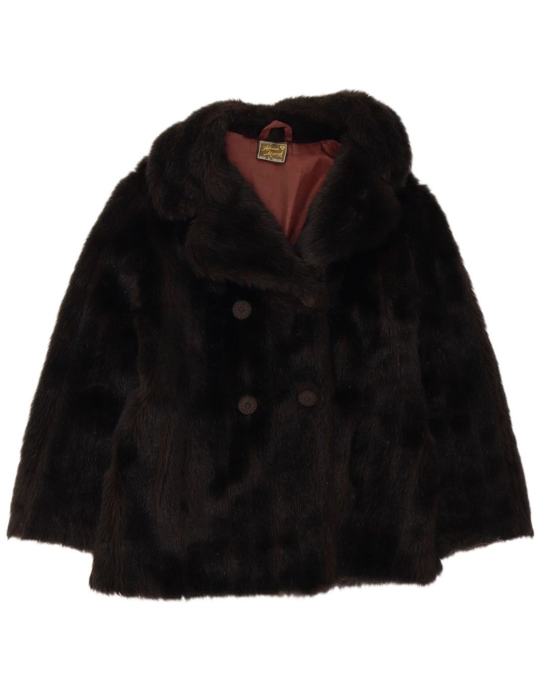 Casaco feminino VINTAGE de pele sintética com peito duplo Reino Unido 10 pequeno acrílico preto