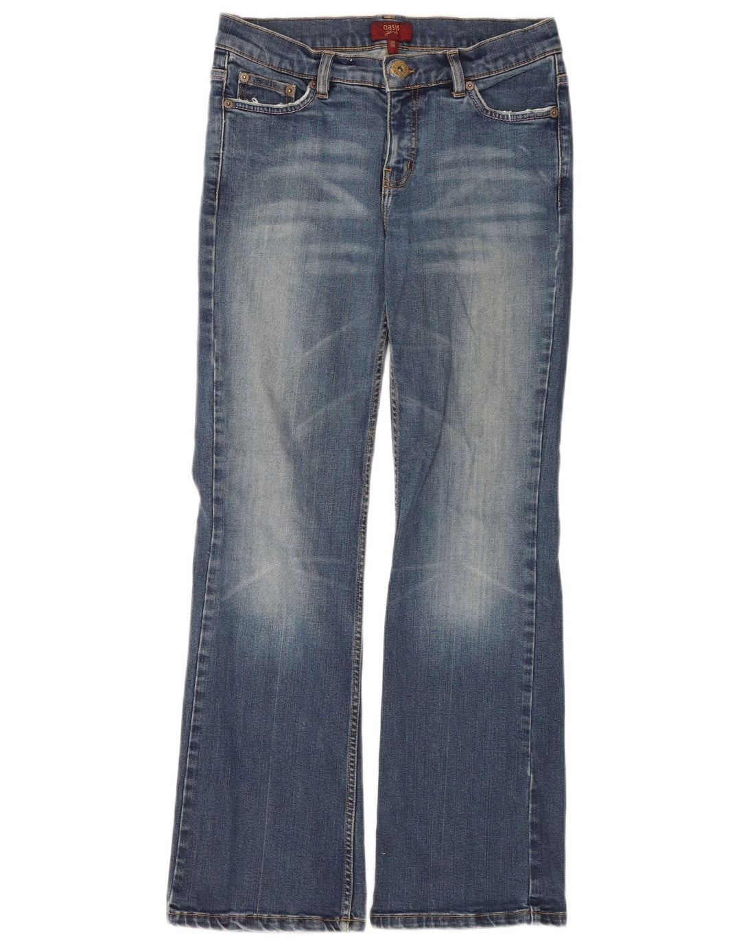 Calça jeans feminina Oasis Bootcut UK 10 pequena W30 L28 algodão azul