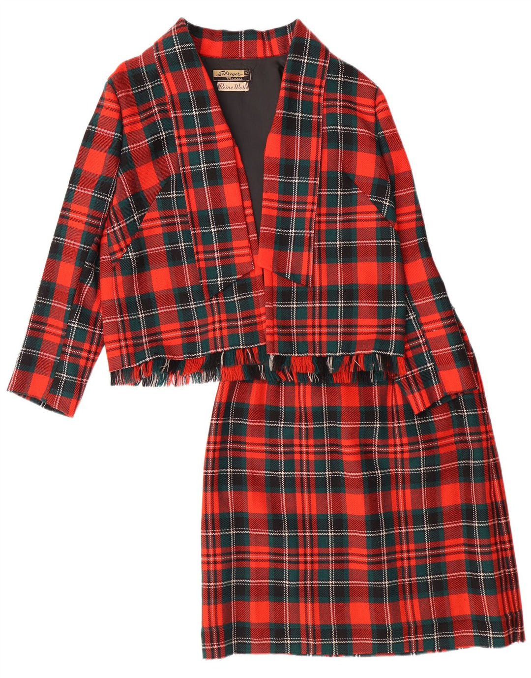 Conjunto de saia feminina VINTAGE de 2 peças UE 42 grande W28 L23 lã xadrez vermelha