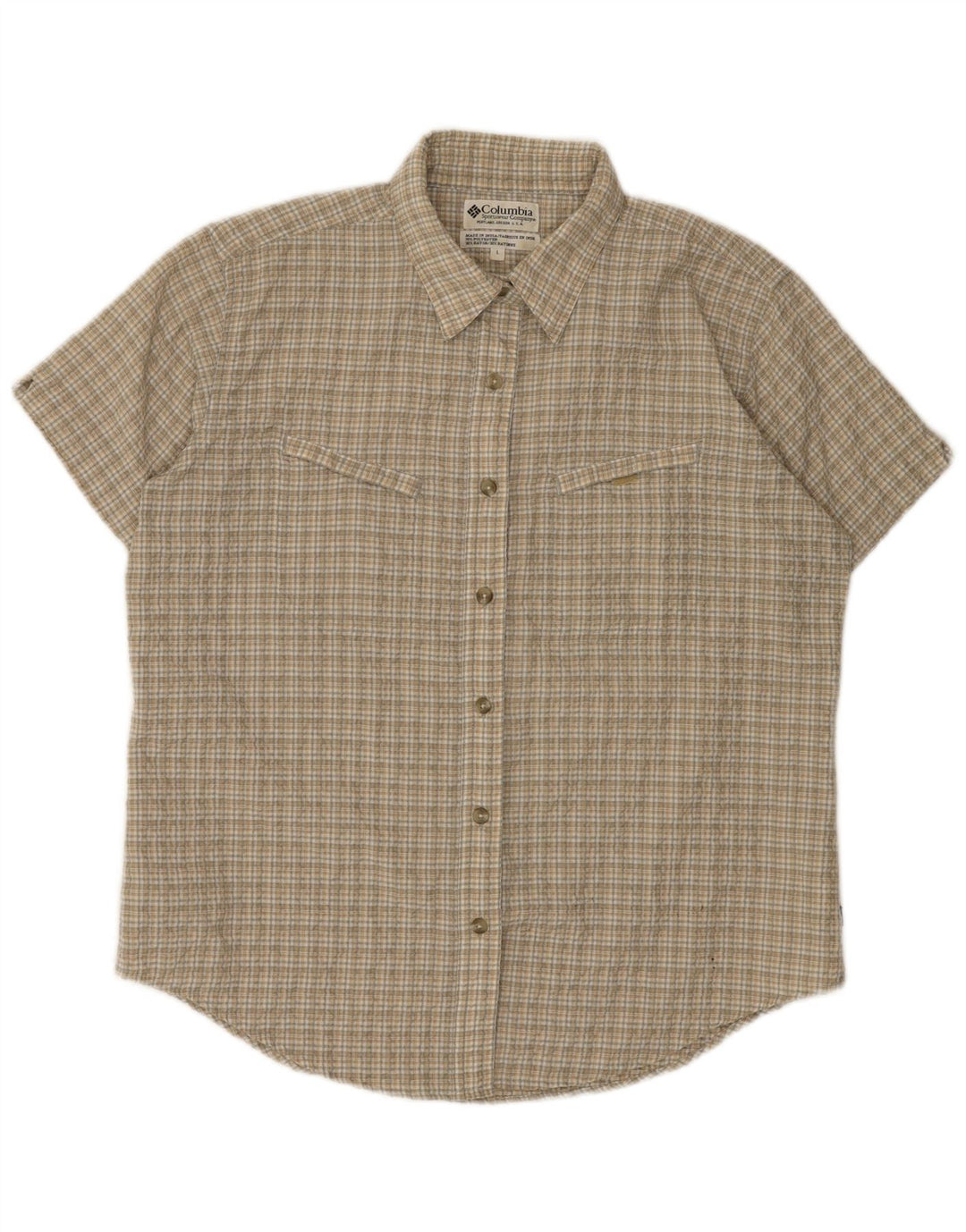 Camisa feminina de manga curta COLUMBIA Reino Unido 16 grande poliéster xadrez bege