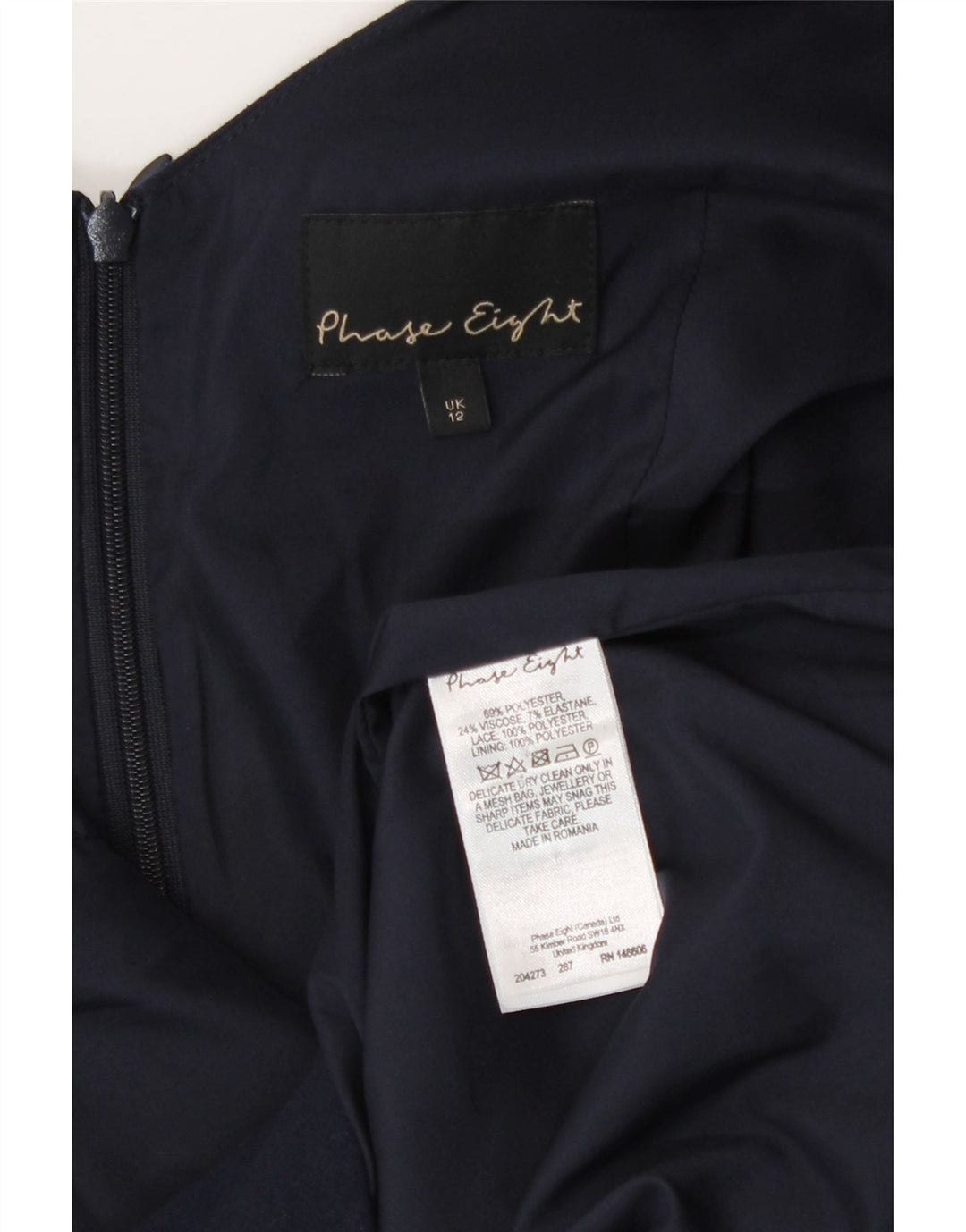 Vestido bainha sem mangas feminino Phase Eight Reino Unido 12 poliéster azul marinho médio