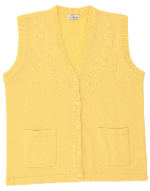 Suéter cardigã feminino vintage sem mangas Reino Unido 16 grande floral amarelo