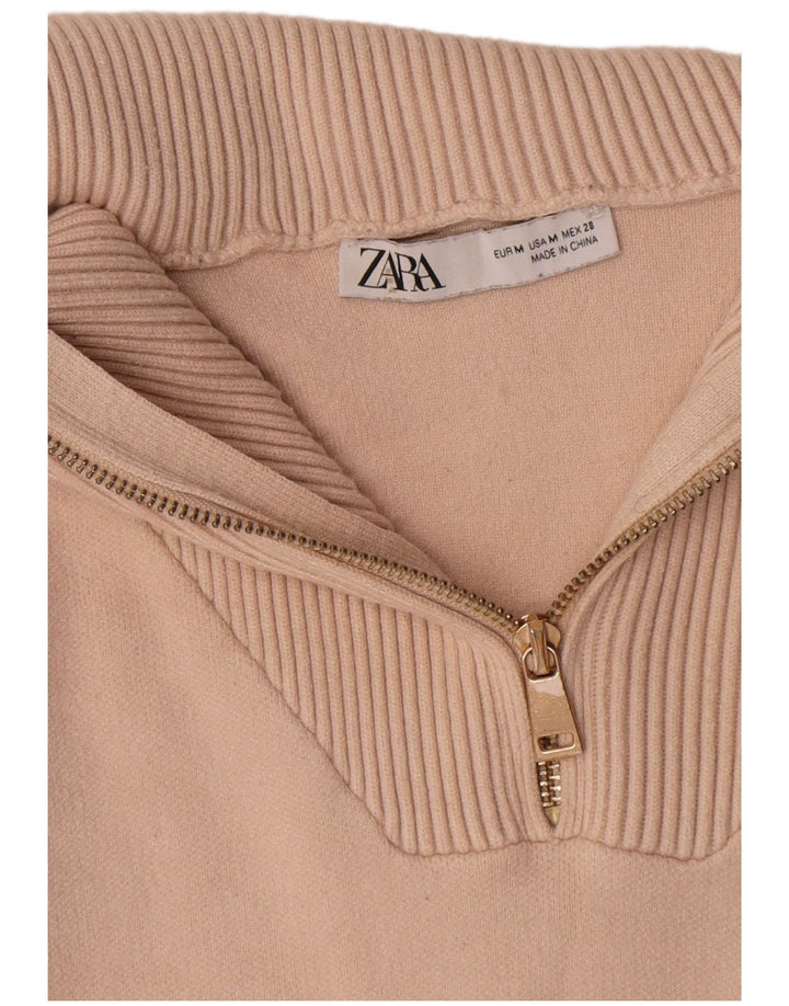 Suéter feminino Zara com zíper e gola alta, Reino Unido 14, viscose bege médio