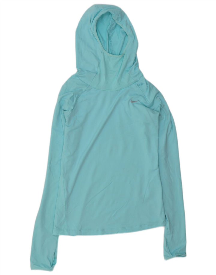 Top feminino Nike Dri Fit com capuz manga comprida UK 10 pequeno azul poliéster