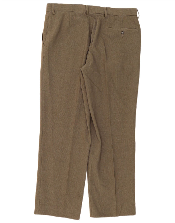 Calça masculina de terno reto Marks & Spencer W34 L31 poliéster cáqui