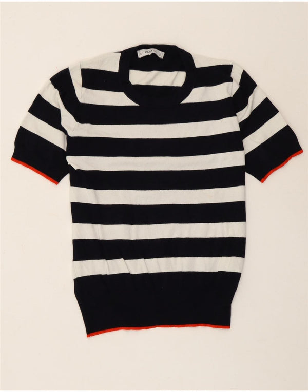 Blusa feminina de manga curta Zara UK 10 pequena viscose listrada branca