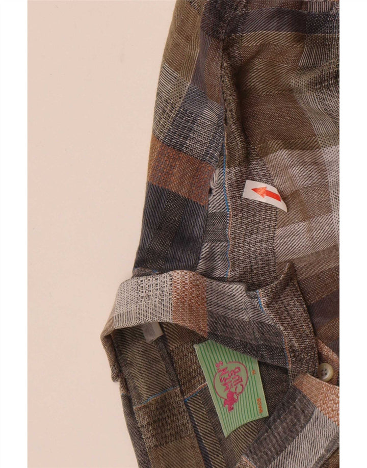 Camisa masculina vintage de manga curta grande xadrez marrom