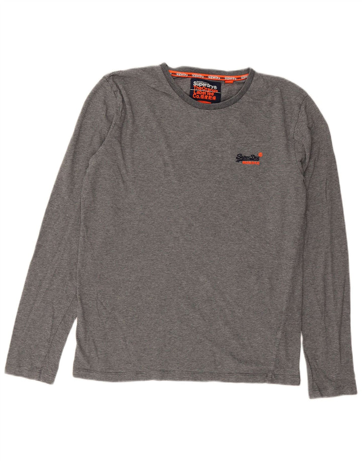 Superdry Mens Top Manga Longa Médio Cinza Risca Algodão