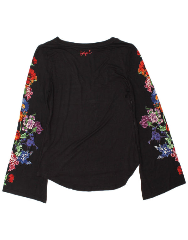 Top feminino Desigual manga comprida UK 10 pequeno preto floral