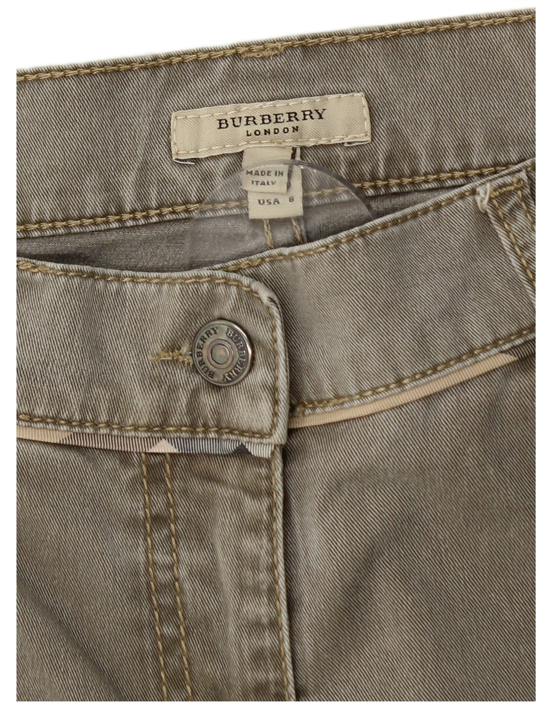 Jeans retos femininos BURBERRY Reino Unido 10 pequeno W32 L29 algodão cáqui