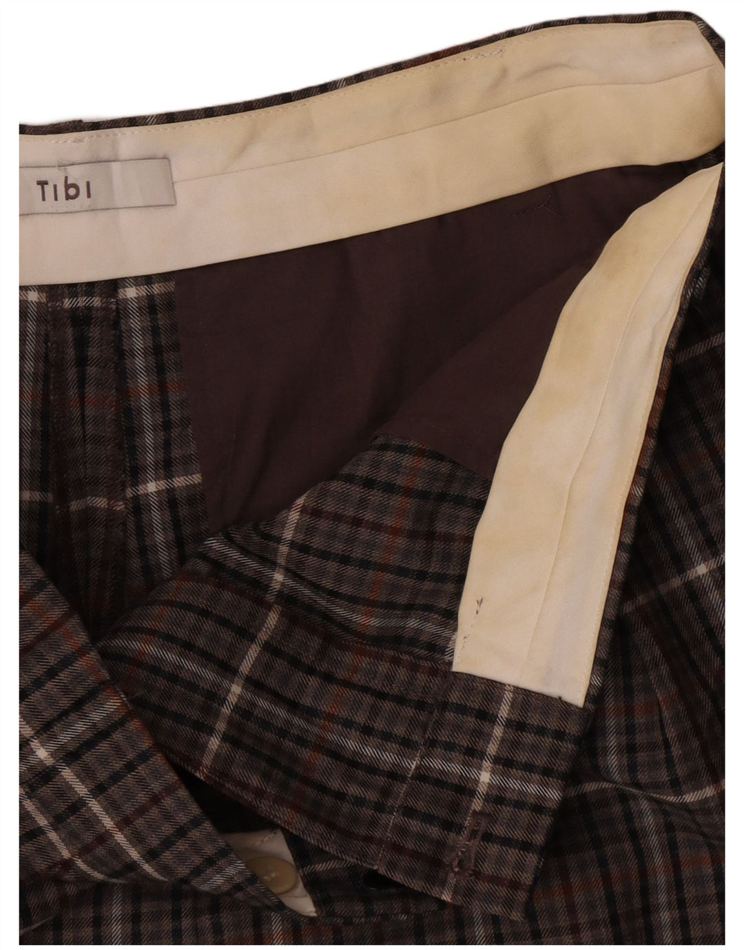 Shorts Chino feminino de cintura alta Tibi W32 poliéster xadrez marrom médio